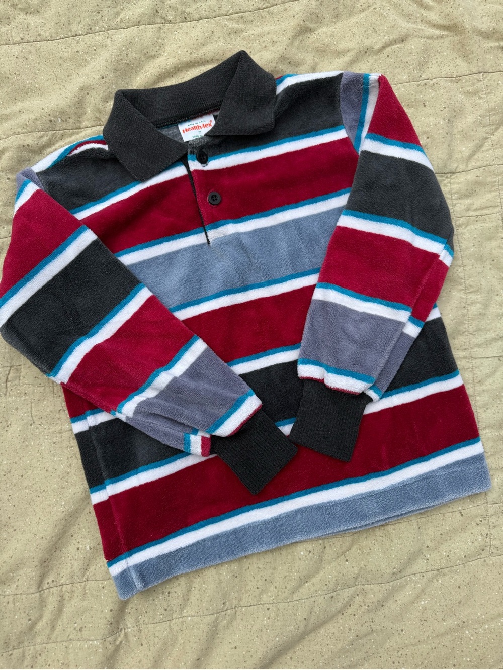 healthtex Striped Long-Sleeve Polo in Burgundy, Gray & Black with Teal Accents
